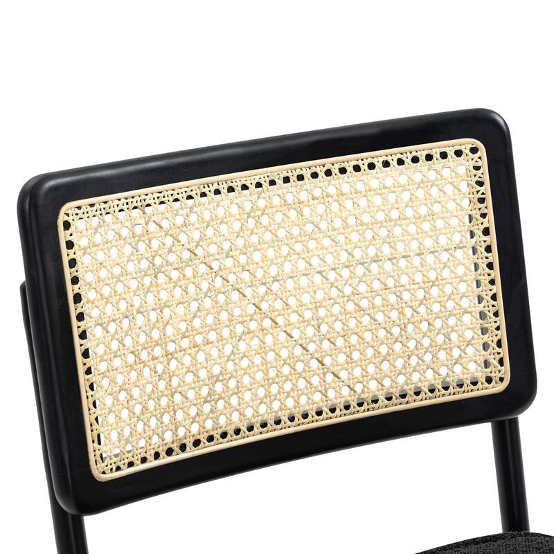 Set of 2 Aziel Black Boucle Dining Chair with Rattan Backrest and Black Iron Legs