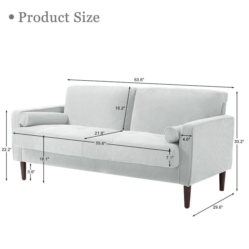 Modern Corduroy 2 Seater Sofa with Bolster Pillows