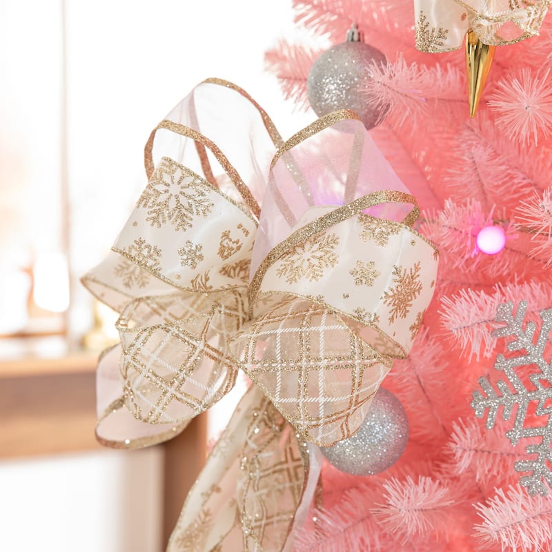 Glitzhome 191-Piece Glitter Ribbon Bow Gold Silver Ball Shatterproof Ornaments Xmas Tree Decor
