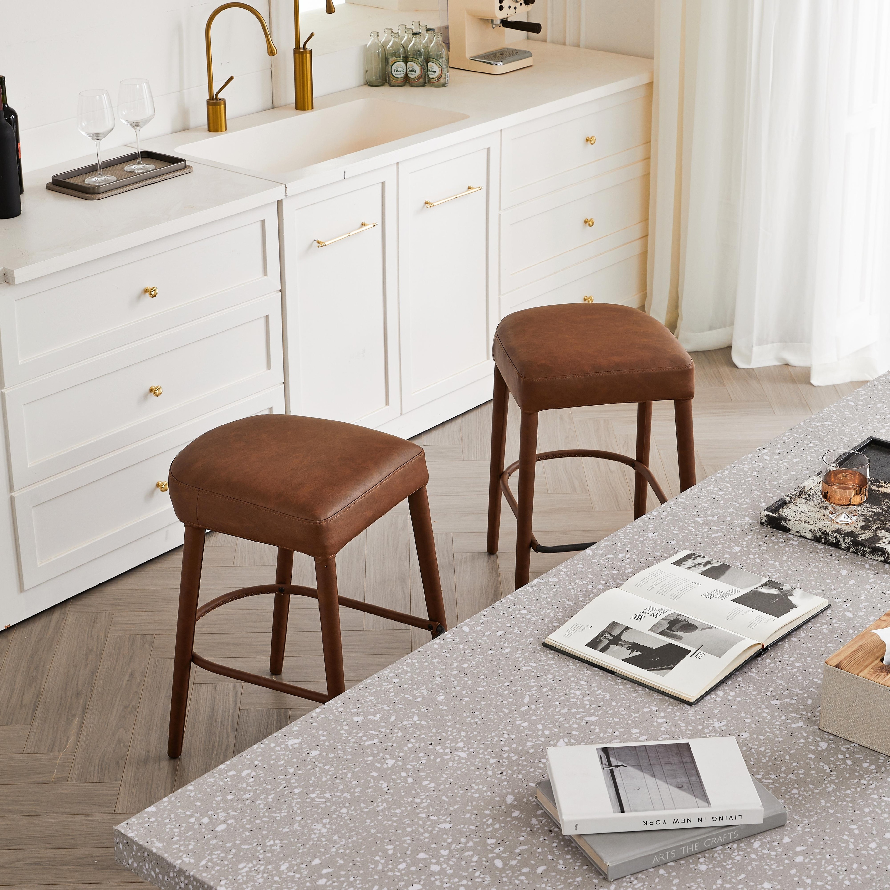 Padded Backless Bar Stool with Footrest - Set of 2