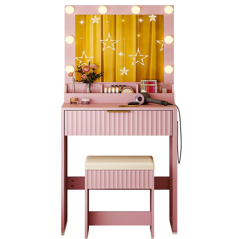 Particle Board Veneered with Textured Melamine, 1-drawer 3-compartment Dressing Table Set with 8 Three-color Dimmable Bulbs