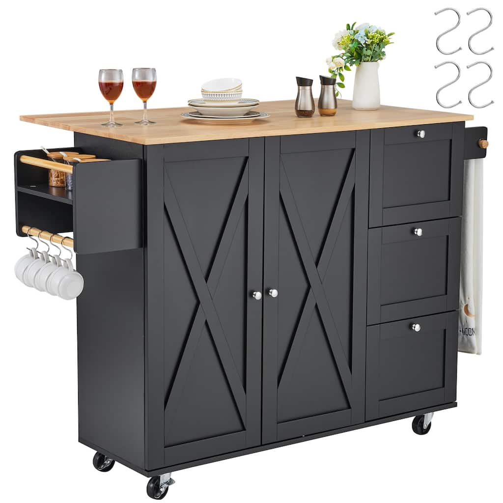 Black Wooden Kitchen Rolling Island Storage Cart with 2 Cabinet Doors and 2 Adjustable Shelves - 56x27x39 inch