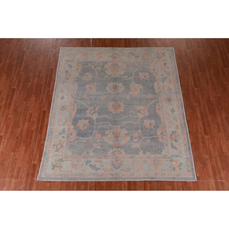 Hand Knotted Oriental 100% Wool Carpet Transitional All-Over Navy Blue & Blues Oushak Area Rug - 9' 4'' X 8' 1''
