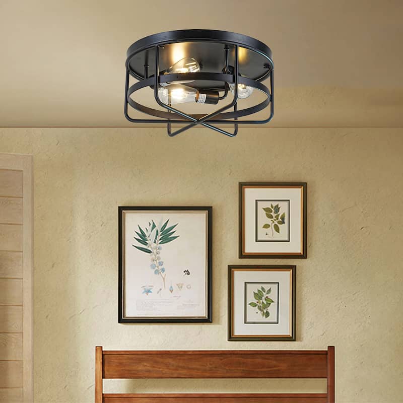 Willa Matte Black 3-Light Open Cage Metal Flush Mount