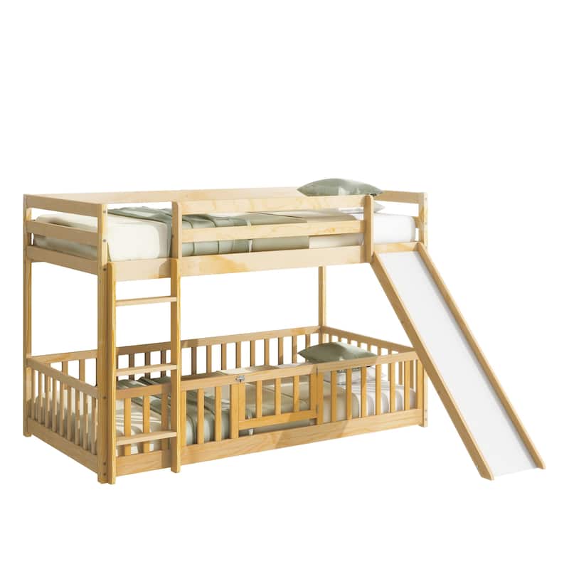 Twin Over Twin Floor Bunk Bed with Slide and Convertible 3-Way Design Safety Door & Guardrails (250lb Capacity)
