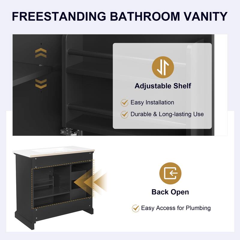 36-Inch Bathroom Vanity with Ceramic Sink Top, 4 Drawers and 1 Soft-Close Door, Freestanding Storage Cabinet with Metal Handles