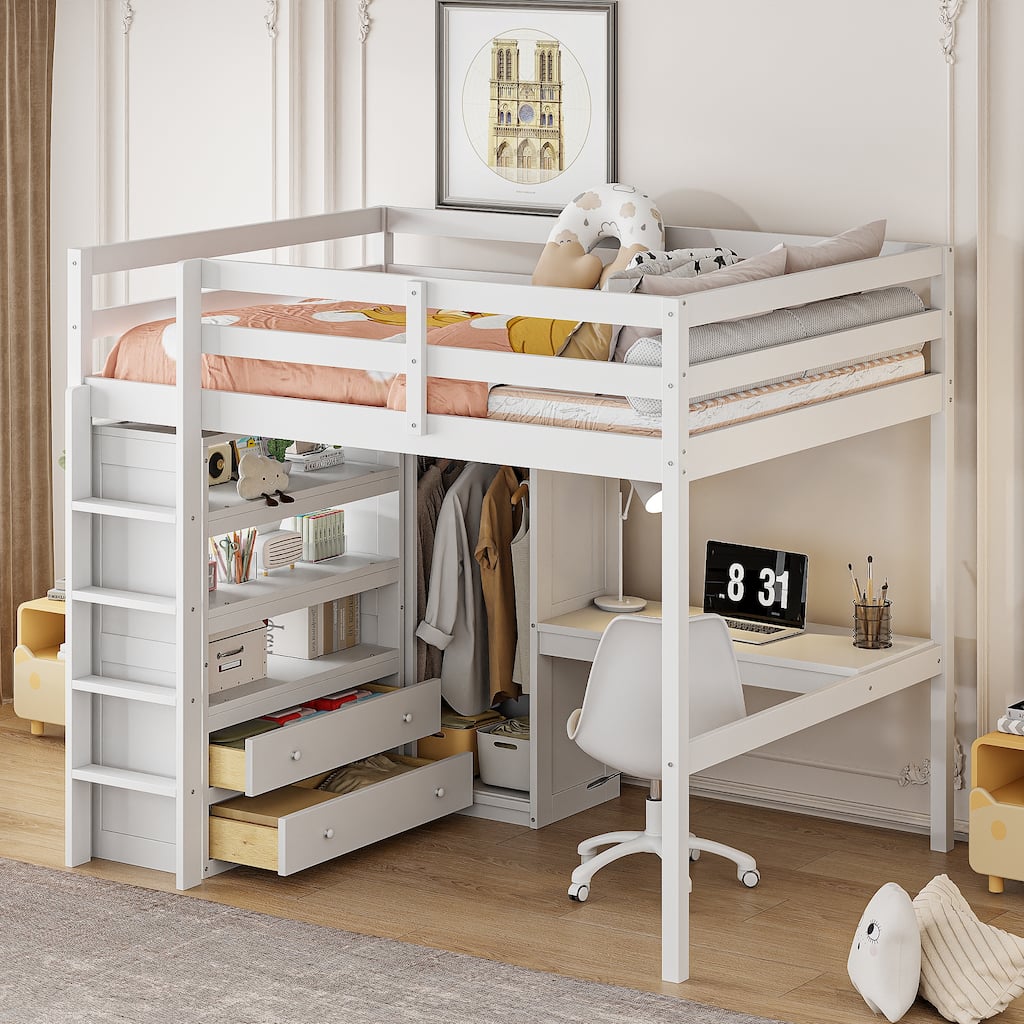 Full Size Loft Bed with Built-in Wardrobe, Desk, Storage Shelves & Drawers