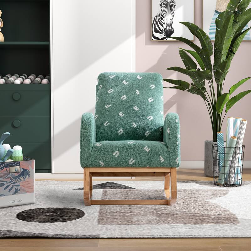 Rocking Chair with Side Pocket, Upholstered High Back Armchair with Solid Wood Legs, Leisure Chair with Padded Seat