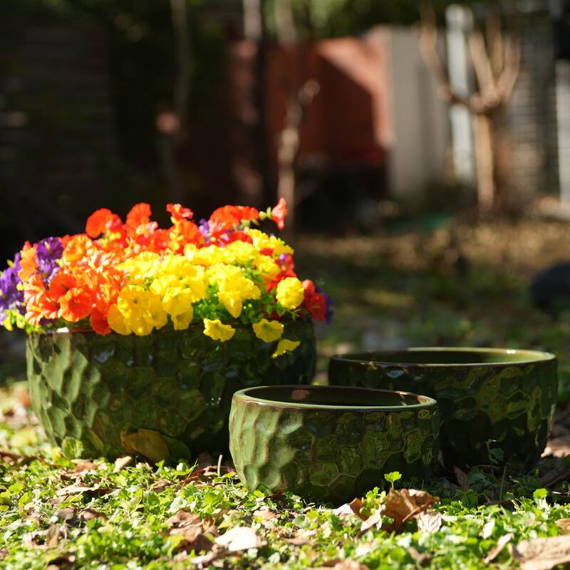 Handmade Glazed Ceramic Planter Set of 3, 15/12/10 Inch Diameter, Hammered Pattern