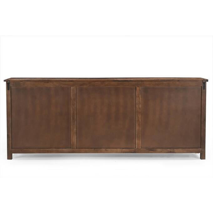 HomeRoots 84" Dark Brown Distressed Reclaimed Wood Paneled Sideboard with Six Doors - 84.00 in. x 33.00 in. x 16.00 in.