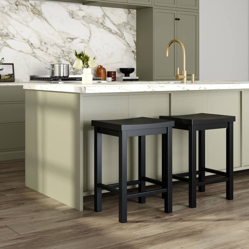 Now Furniture Solid Wood Backless Saddle Seat Counter Height Stool - Black - Set of 2