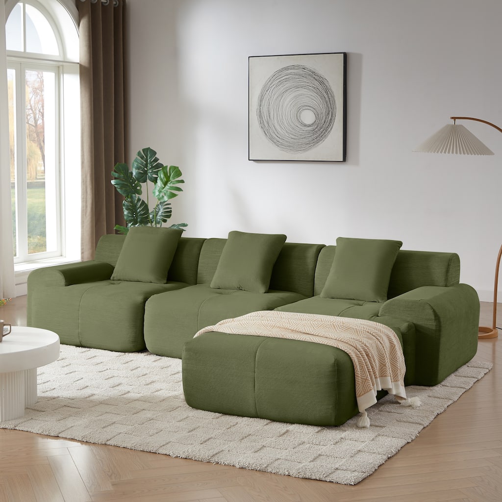 GDFStudio - 113" Modern L-Shaped Modular Sectional Sofa with Deep Seat and Movable Ottoman, No Assembly