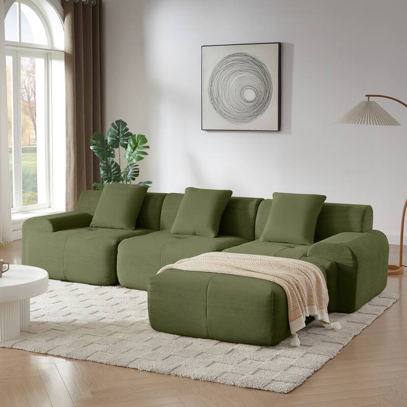 Livingroom L-Shaped Corduroy Sectional Sofa, Modular Couch 3 Seat Straight Sofa with Movable Ottoman