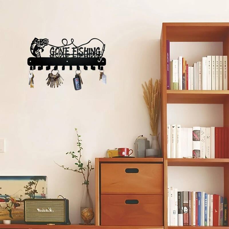 Black Metal Fish Shaped Key Rack with Wall Hook for Coastal Kitchens and Entryways - 11.81”L x 12.2”H