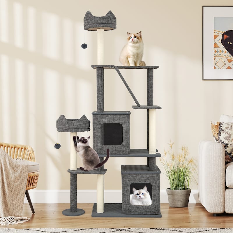 Engineered Board Cat Tree with Sisal Posts, Plush Condos and Anti-Topple Design - 34" L x 16" W x 71" H