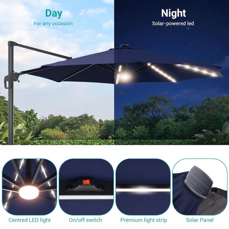 BONOSUKI 11FT LED Cantilever Patio Umbrella Angle Adjustment With Base
