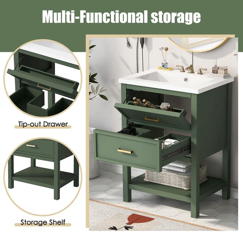 24" Bathroom Vanity with Top Sink, 2 Drawers and Open shelf