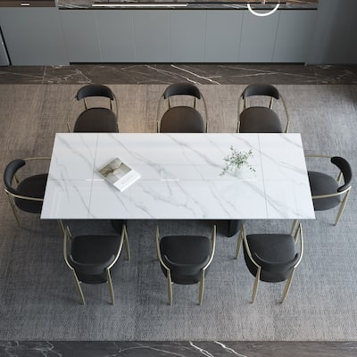 9 - Piece Modern Minimalist Extendable Sintered Stone Top Double Pedestal Dining Set