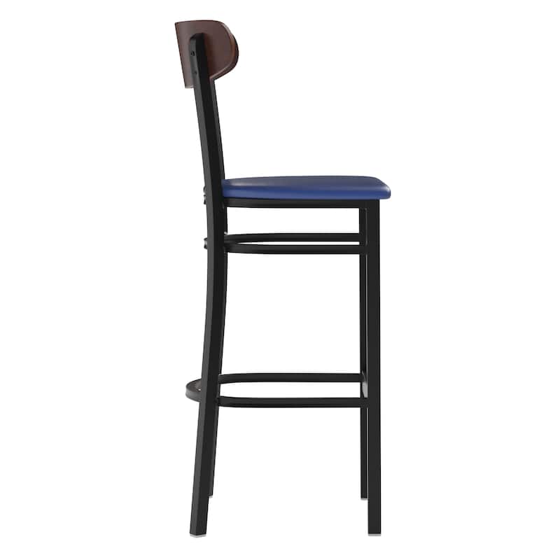 Commercial Metal Barstool with Wood Seat and Boomerang Back