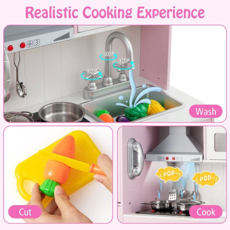 Pretend Play Kitchen for Kids with 16 Pieces Accessories-Pink - 32.5" x 11.5" x 40.5"