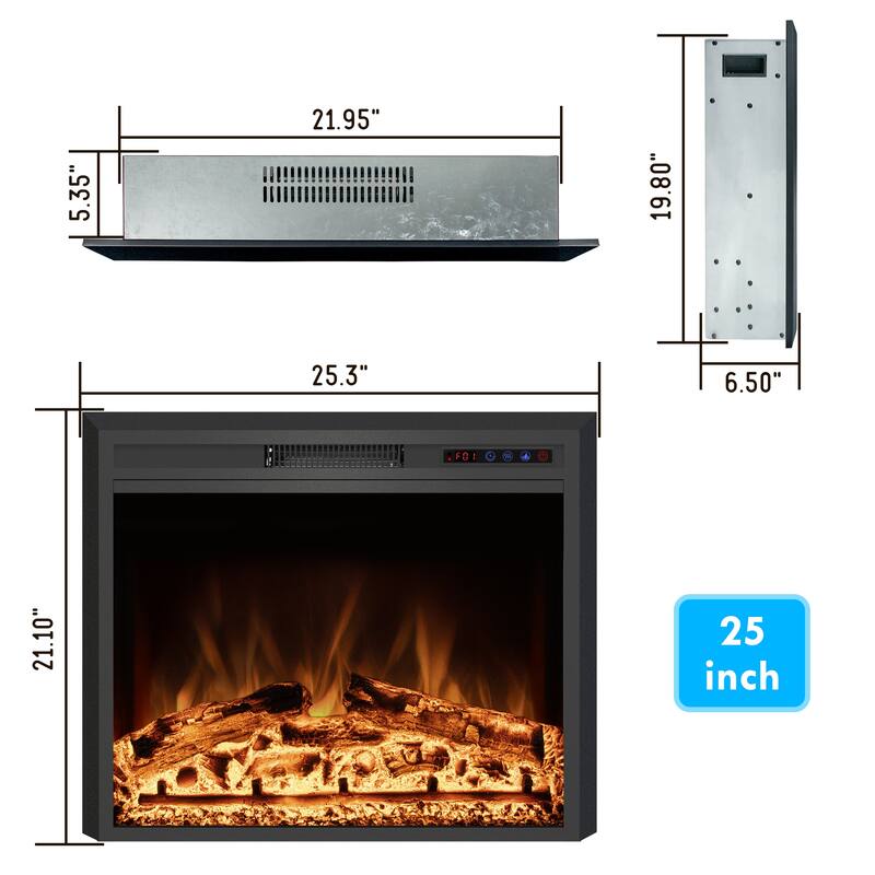 25" Electric Fireplace Insert with Multi-Color Flame, 750/1500W, Black