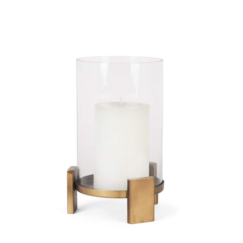Price Small Antiqued Gold Metal w/ Glass Hurricane Candle Holder - 8.0L x 8.0W x 11.5H