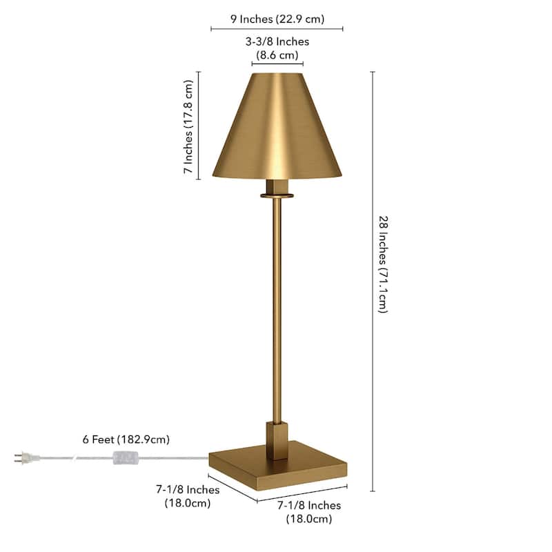 Brass Metal Candlestick Buffet Lamp with Brass Cone Shade and Rocker Switch - 9” x 9” x 28” (D x W x H)