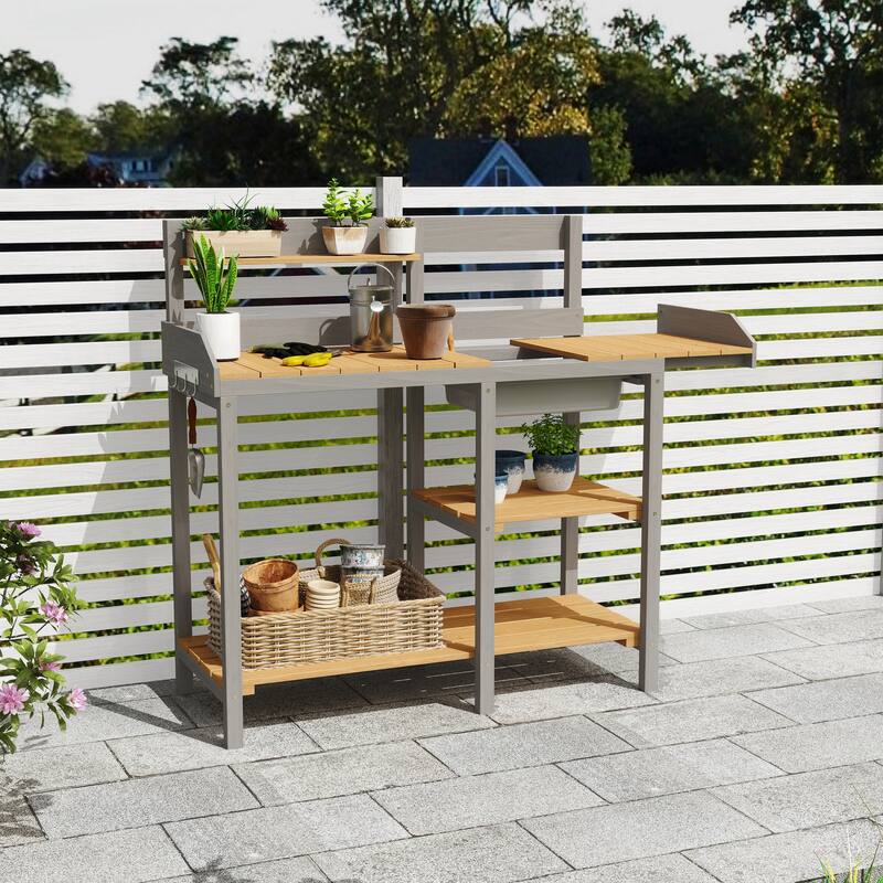 GDF Studio - Outdoor Solid Wood Potting Bench with Sink and Storage Garden Workstation