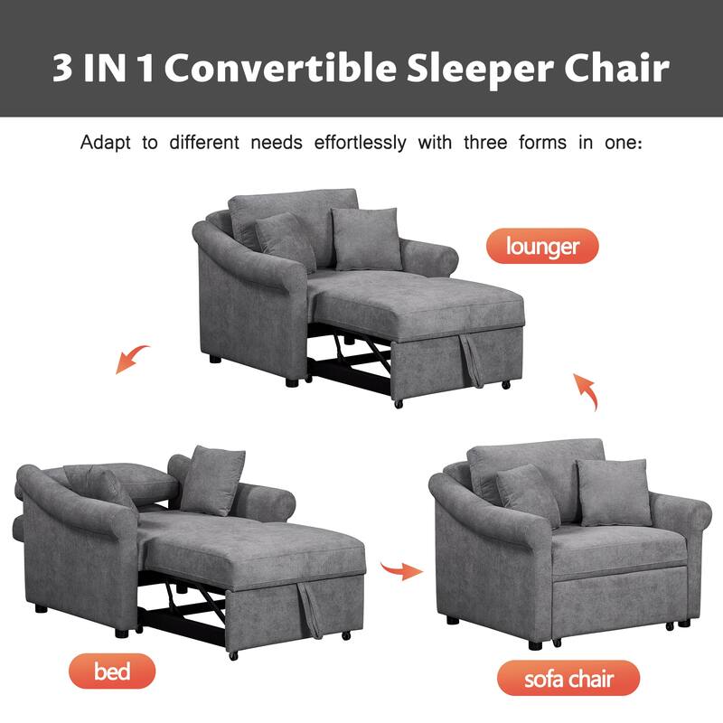 Chenille Accent Chair Convertible Sleeper Chair Adjustable Backrest Sofa Chair, 3 in 1 Chaise Lounges Chair Turns Into Chair Bed