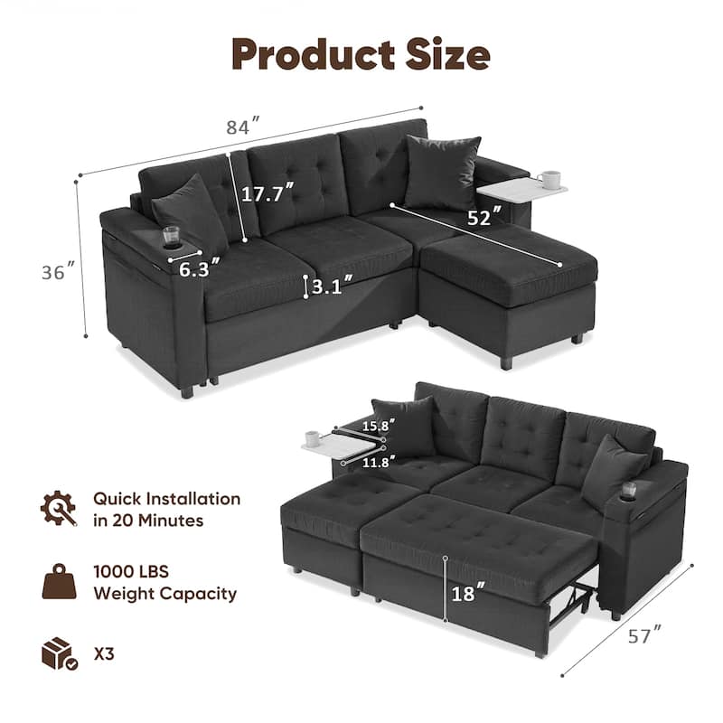 Pocassy 85" Velvet Sofa Bed with Chaise Pull Out Couch for Apartment Living Room