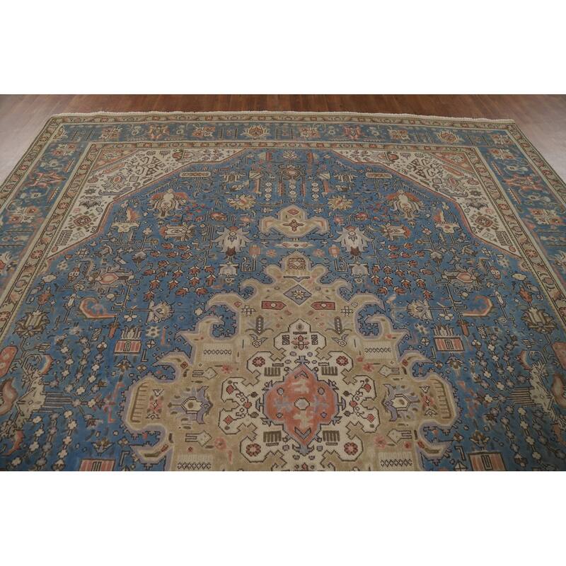 Blue Tabriz Vintage Persian Rug Handmade Wool Carpet - 9'10" x 12'9"