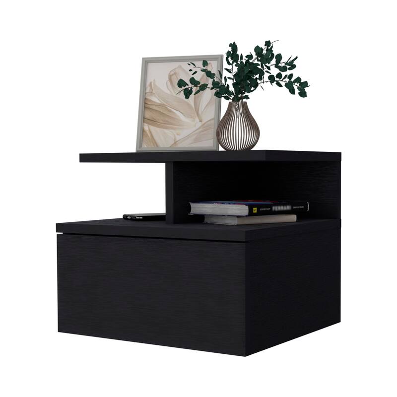 1-Drawer Floating Nightstand with Wall-Mounting and 2-Tier Shelf