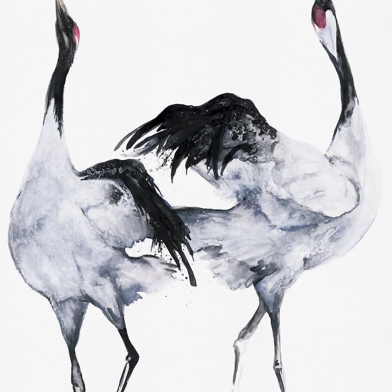 Galerie Wallcoverings Kumano Two Painted Crane 3-Panel Wall Mural Vinyl on Non-woven Matte Finish - 8.8 feet H x 5.2 feet W - White/Black