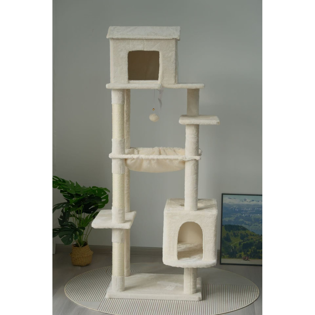 64 in Cat Tree with Unique Cat House, Hammock, Scratching Posts, Plush Cat Tower for Indoor Cats for Multiple Cats