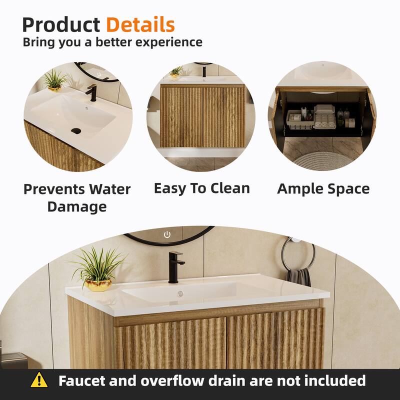 30 Inch Folding Wall Cabinet with Ceramic Sink, Patented 1-Minute Install, Space-Saving Modern Bathroom Cabinet
