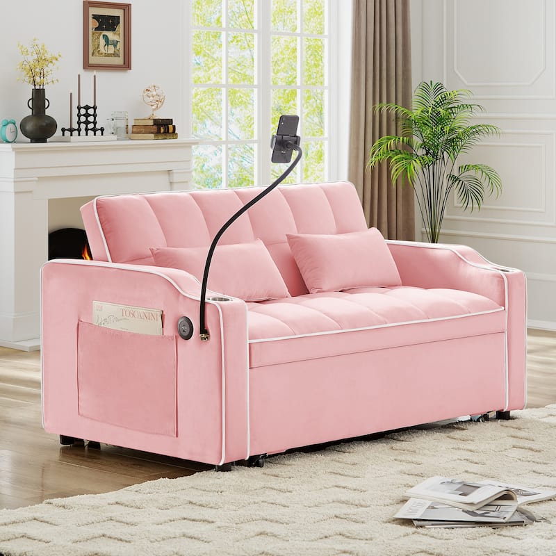 Convertible Sofa Bed Loveseat with Adjustable Backrest & Storage Pockets, Pull-Out Sleeper Sofa with USB Charging Ports