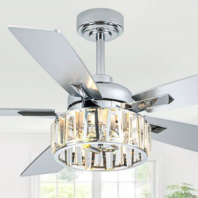 Cusp Barn 52 Inch Chandelier Crystal Modern Chrome Ceiling Fan with Light, Farmhouse Caged DC Motor Reversible Ceiling Fan