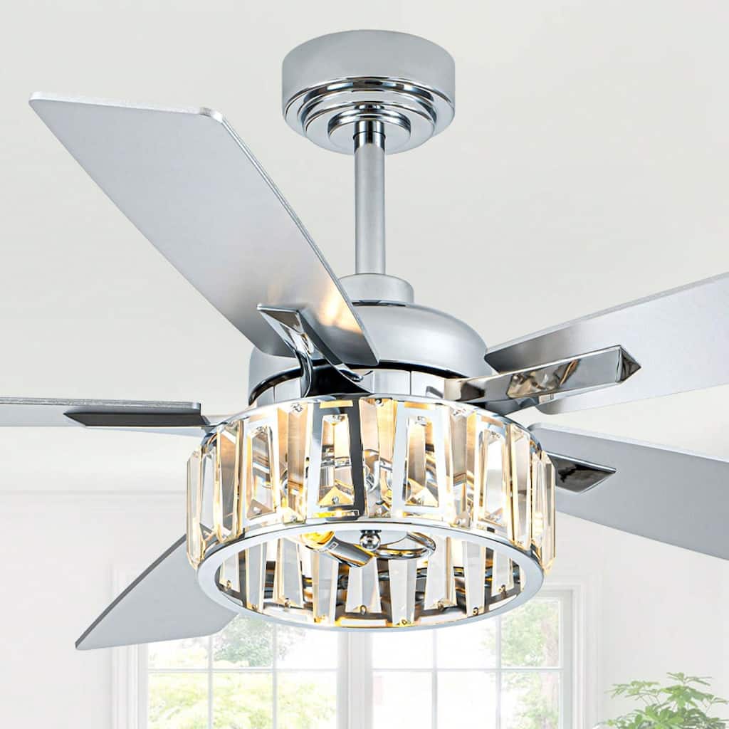 Cusp Barn 52 Inch Chandelier Crystal Modern Chrome Ceiling Fan with Light, Farmhouse Caged DC Motor Reversible Ceiling Fan