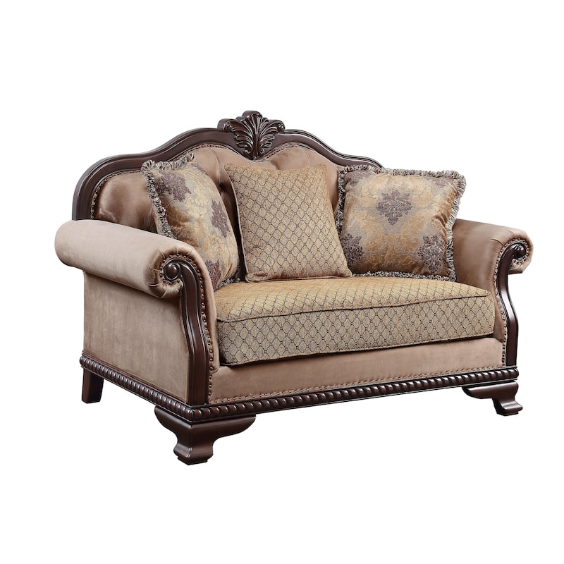 Louis Espresso and Beige Loveseat with 3 Pillows