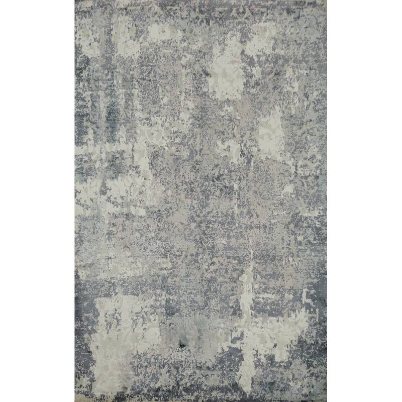 Hand Knotted Oriental Viscose Silk Carpet Modern All-Over Greys & Charcoal Abstract Area Rug - 8' 2'' X 5' 7''