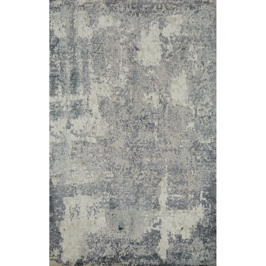 Hand Knotted Oriental Viscose Silk Carpet Modern All-Over Greys & Charcoal Abstract Area Rug - 8' 2'' X 5' 7''
