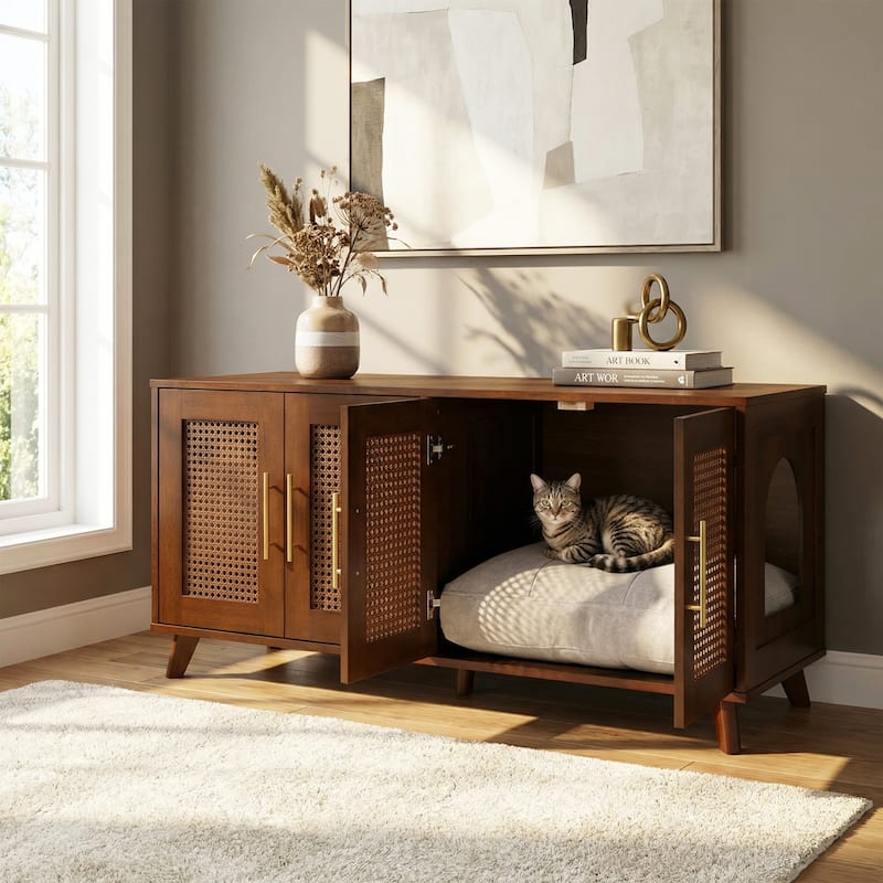 Christopher Knight Home - 47"W Rubber Wood Cat Cabinet with Rattan Doors & Cushion