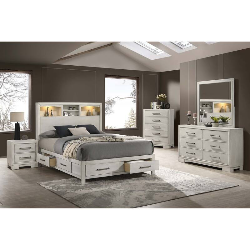 Modern Farmhouse Nightstand - Antique White Finish with Square Legs & Sleek Handles