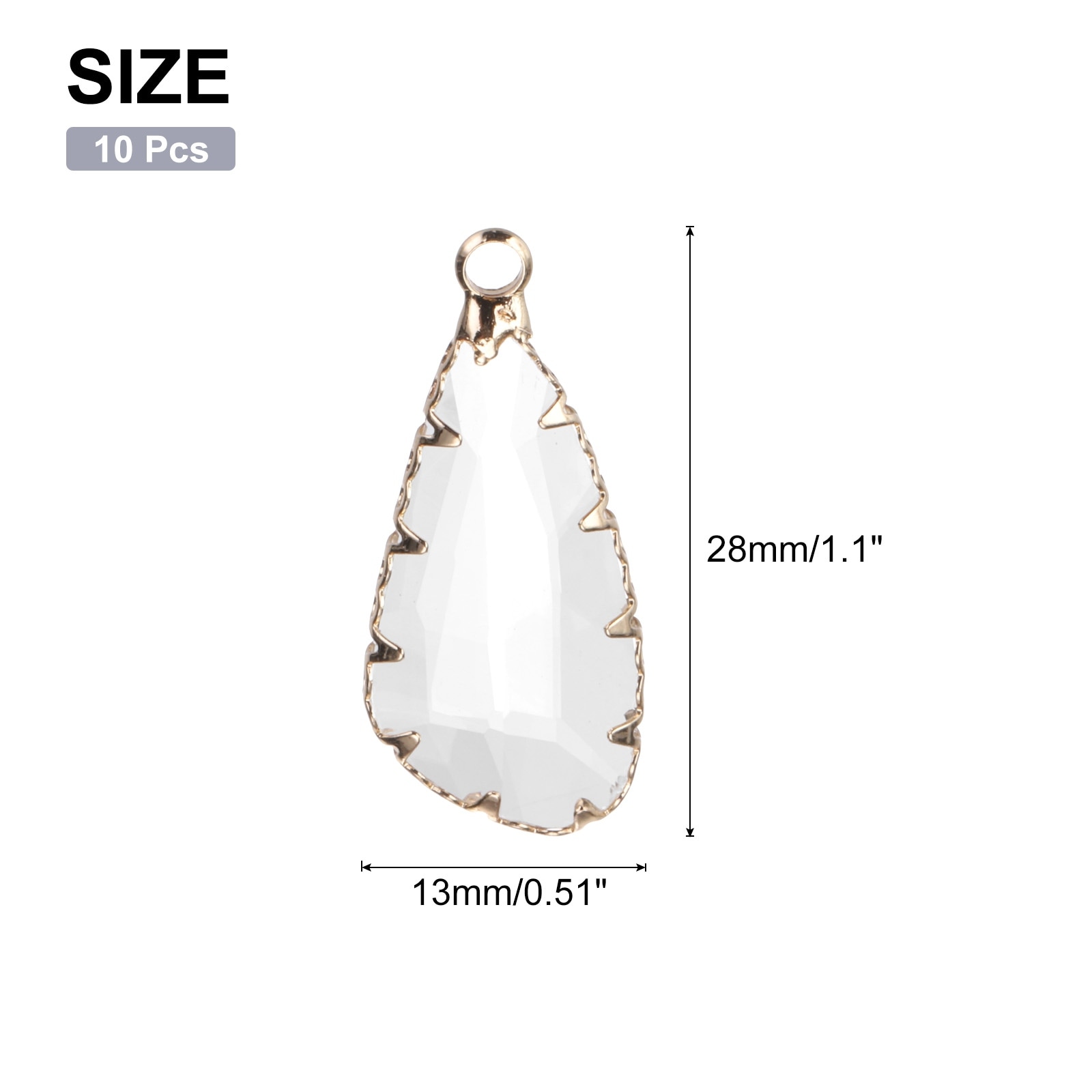 Glass Charm Pendants Teardrop Charm Glass Crystal for Necklaces, Bracelets, Earrings - Transparent Gold Border