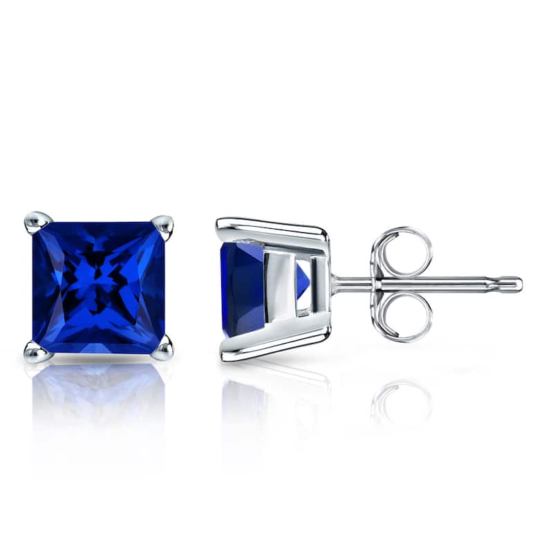 Auriya 14k Gold Lab Grown Gemstone Blue Sapphire Stud Earrings Princess 0.25 to 5.00 ct. tw. 4-Prong Basket Push-Back - 0.40ct tgw. - White