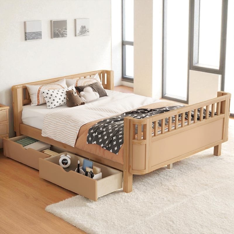 Twin/Full Size Wooden Platform Bed with Safety Rails and 2 Storage Drawers, Low Profile Kids Bed Frame