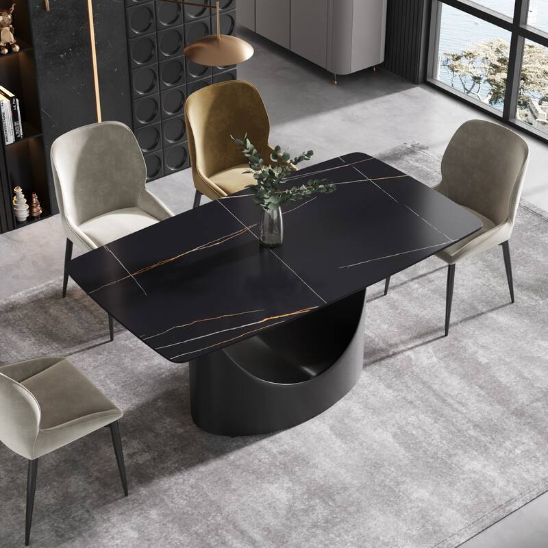 Modern Dining Table for 4-6, Sintered Stone Dining Table Top with Carbon Steel Pedestal Table - DTT16AB-MH-DTL5B