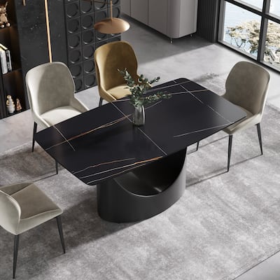 Modern Dining Table for 4-6, Sintered Stone Dining Table Top with Carbon Steel Pedestal Table