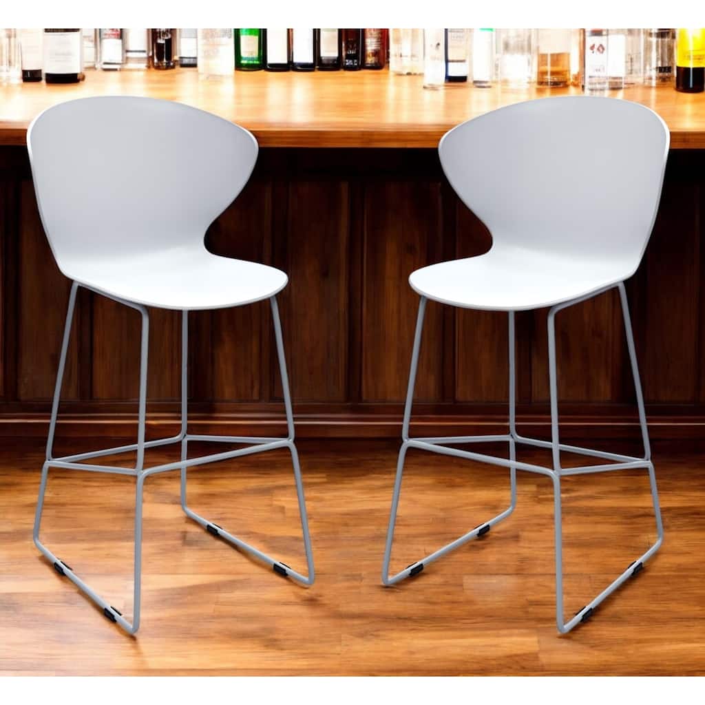 HomeRoots Set of Two 26" White and Silver Heavy Duty Plastic and Metal Low Back Counter Height Bar Chairs