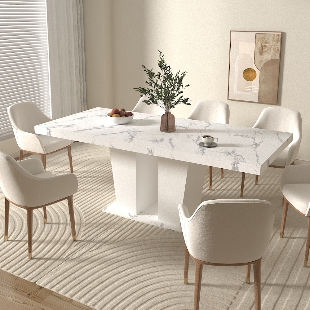 Extendable Dining Room Table for 6-10 Modern White Faux Marble Wooden Expandable Kitchen Table